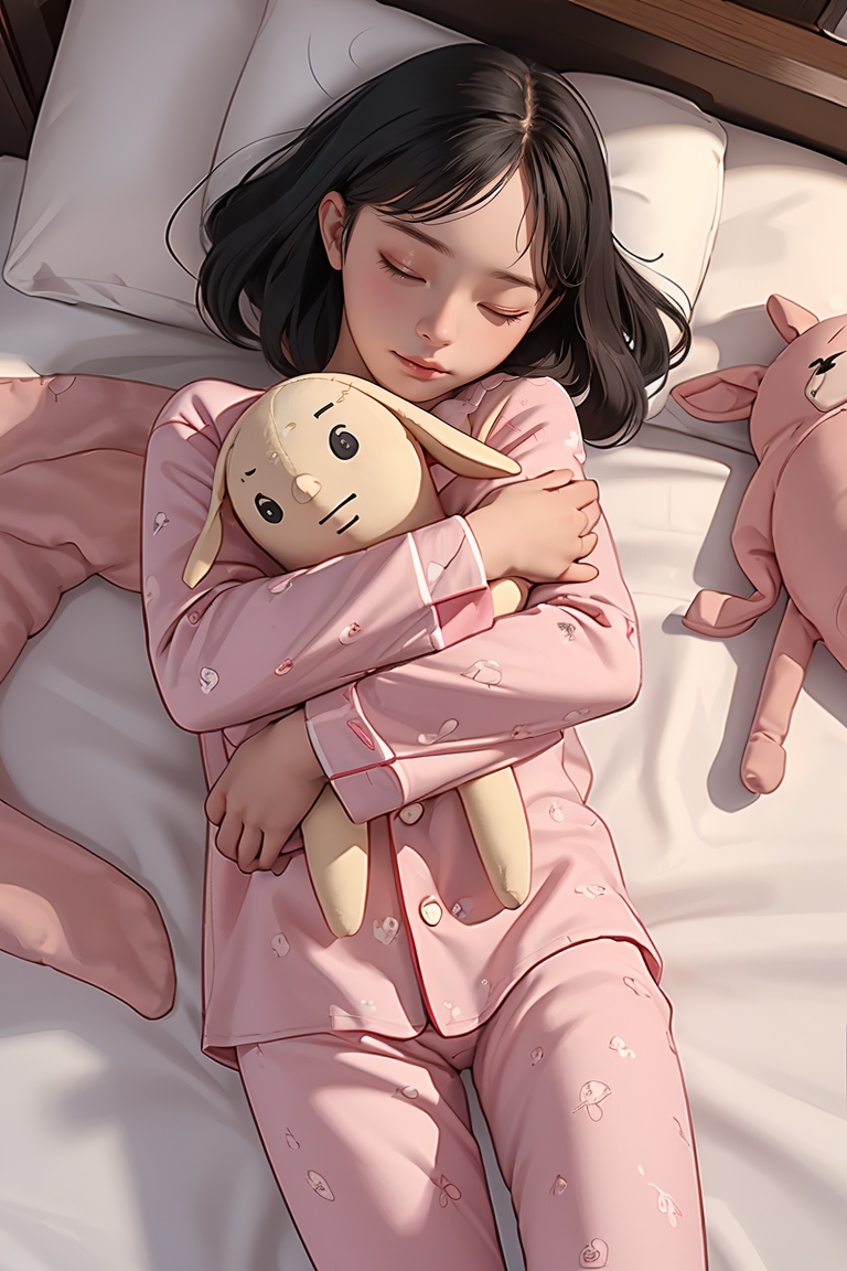 (best quality, masterpiece), 1girl, sleeping, pajamas, from above, bed, girl's room, hug doll